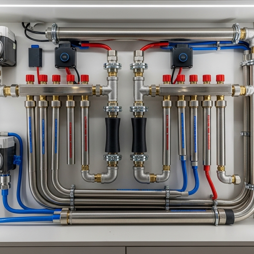 A highly detailed, architectural photograph of a perfectly executed plumbing manifold (collector) inside an open wall cabinet. Gleaming stainless steel, precise symmetry, neat insulated pipes with distinct red and blue color coding. Smart home water shut-off motors are visible. The installation is immaculate, looking like a piece of high-end modern art or aerospace engineering. Soft accent lighting from within the cabinet. Premium, reliable, expensive feel. No text.