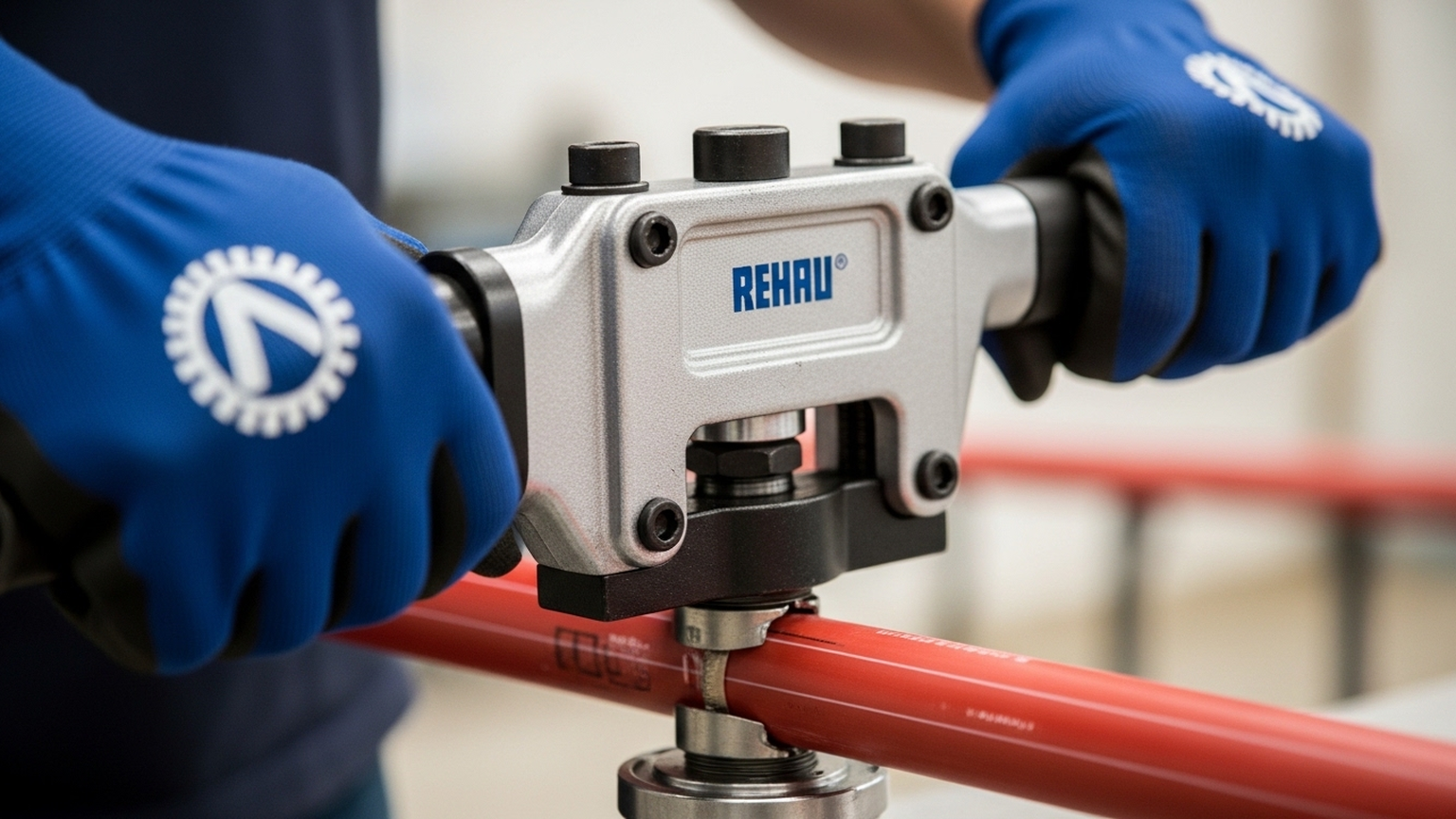 A close-up shot of hands in clean, branded dark blue work gloves operating a professional, heavy-duty pipe-pressing tool (similar to Rehau press gun) on a thick red cross-linked polyethylene pipe.