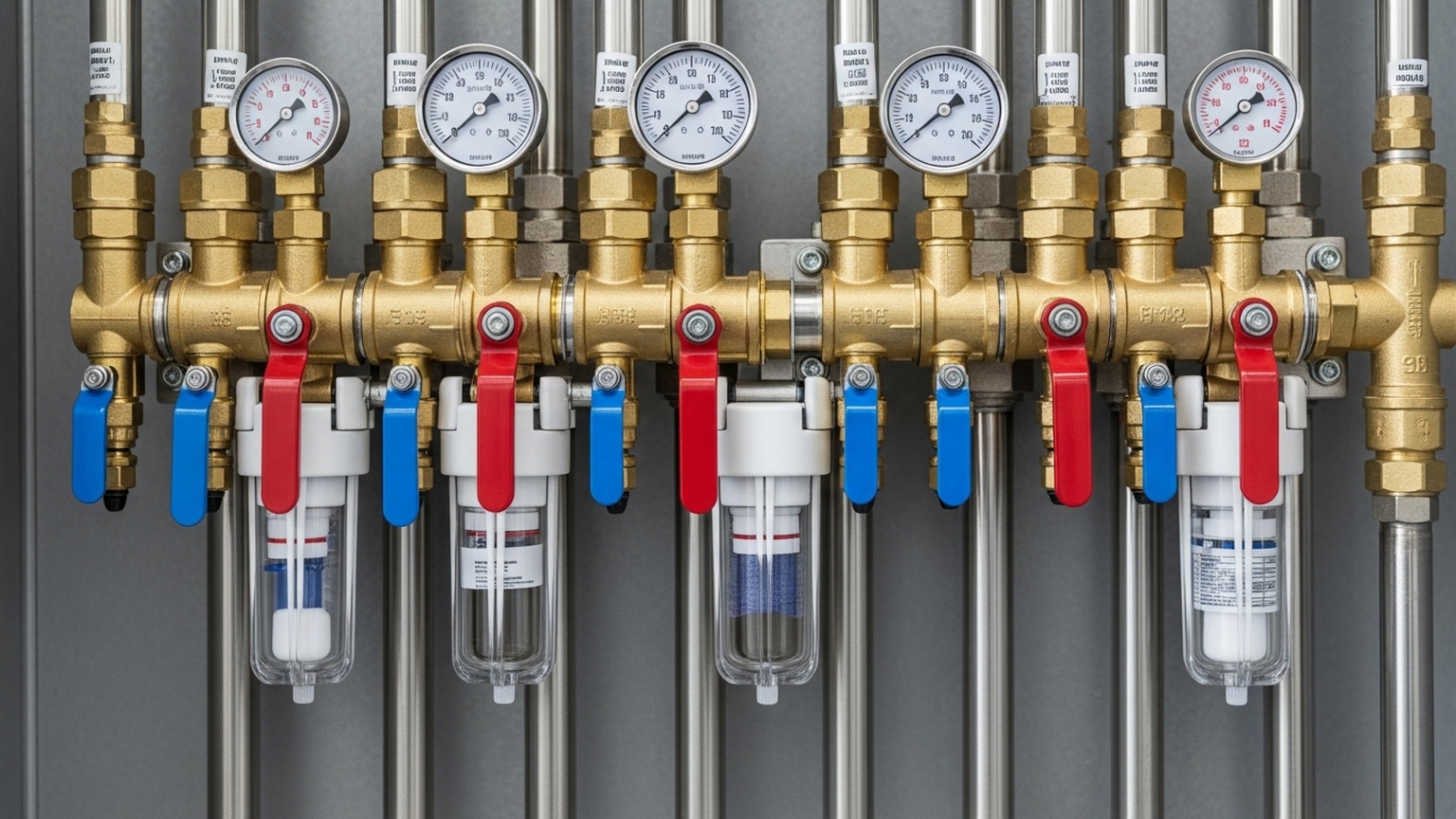 Крупный план идеально собранного коллекторного узла водоснабжения в современном ревизионном шкафу. Трубы из нержавеющей стали и латунные фитинги выстроены в безупречно ровные линии. Видны манометры, фильтры тонкой очистки и аккуратные красные и синие вентили. Выглядит как двигатель премиального спорткара или приборная панель космического корабля. Чистый, яркий свет. Без текста.