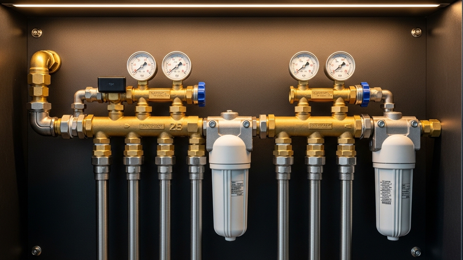 Детальное макро-фото идеального коллекторного узла водоснабжения в современном встроенном шкафу. Трубы из нержавеющей стали и сшитого полиэтилена расположены строго параллельно, идеальная геометрия углов. Видны блестящие латунные гребенки, манометры, фильтры тонкой очистки и сервоприводы системы защиты от протечек. Теплое, акцентное освещение шкафа, фон — темный матовый керамогранит. Выглядит как двигатель премиального спорткара. Без текста и водяных знаков.