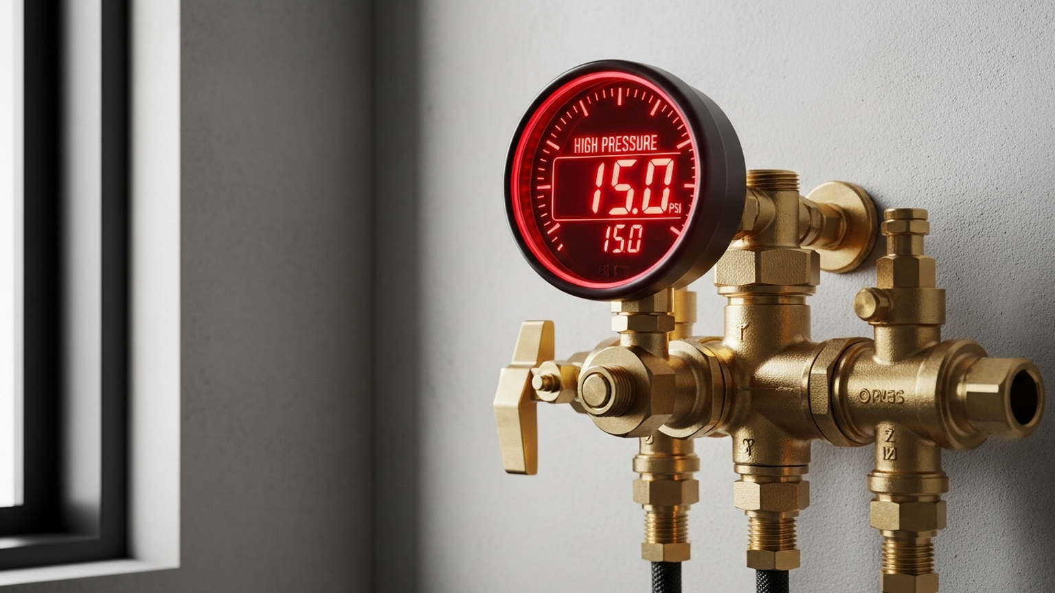 A glowing red digital pressure gauge attached to a highly aesthetic brass manifold assembly in a modern home. The gauge clearly shows high pressure.