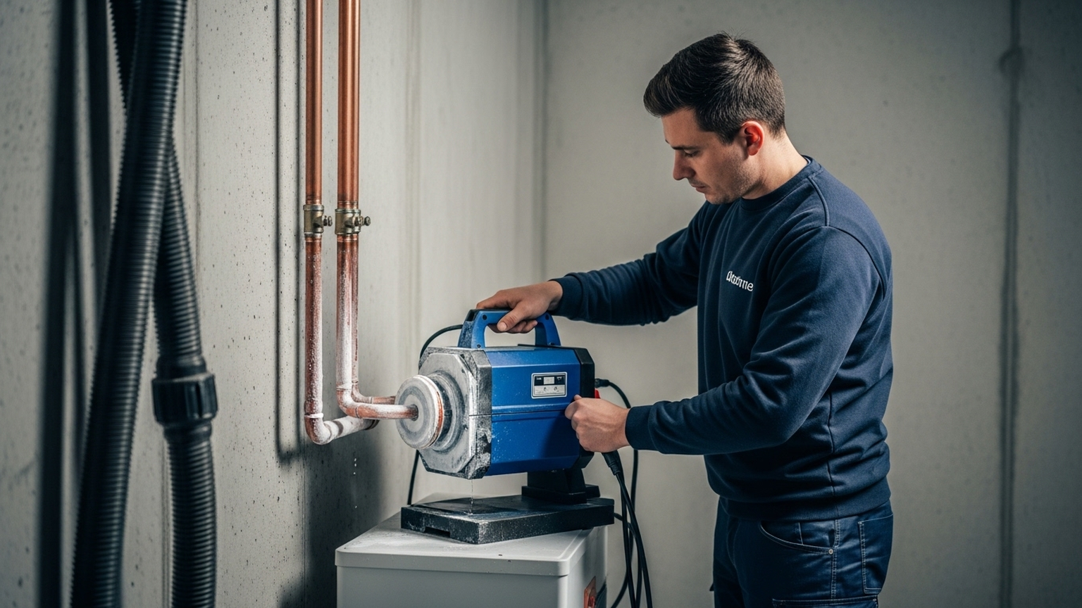 A professional plumber in a clean, modern, dark-blue branded uniform working in a bare concrete apartment. He is using a high-tech pipe freezing machine (with visible frost on the copper pipes) to cleanly cut a heating pipe without spilling water. The environment is impeccably clean, with industrial vacuum hoses visible. The atmosphere is highly professional, precise, and technological. Cinematic lighting, sharp focus on the freezing equipment and the worker's skilled hands.