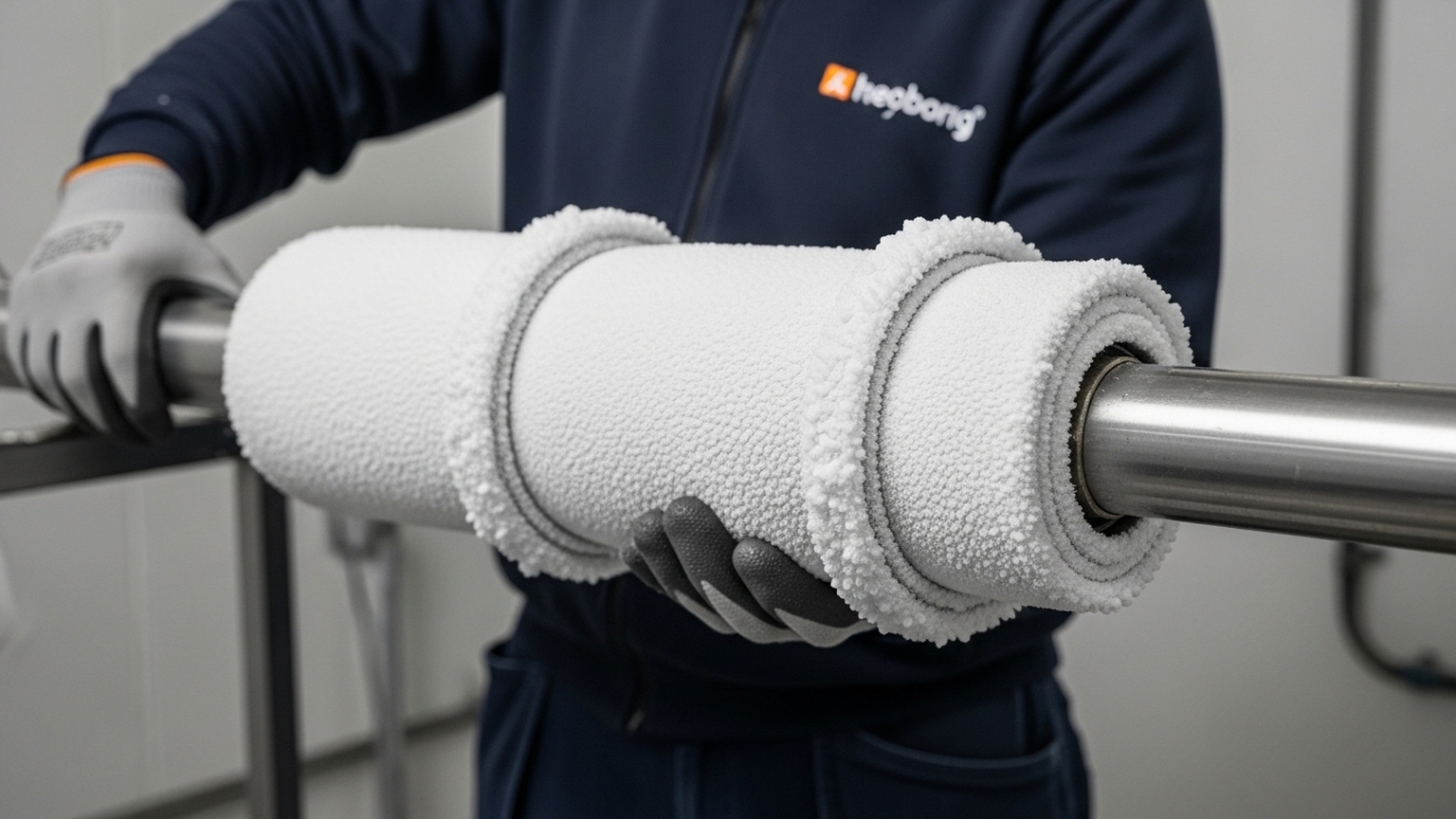 Крупный план профессионального оборудования для заморозки труб в действии. На металлической трубе отопления закреплены специальные охлаждающие манжеты, покрытые плотным слоем белого инея. Мастер в чистой брендированной спецодежде (видны только руки в защитных перчатках) аккуратно работает с трубой. Вокруг чистота, никакого мусора и луж воды. Атмосфера высокой технологичности и аккуратности. Никакого текста.