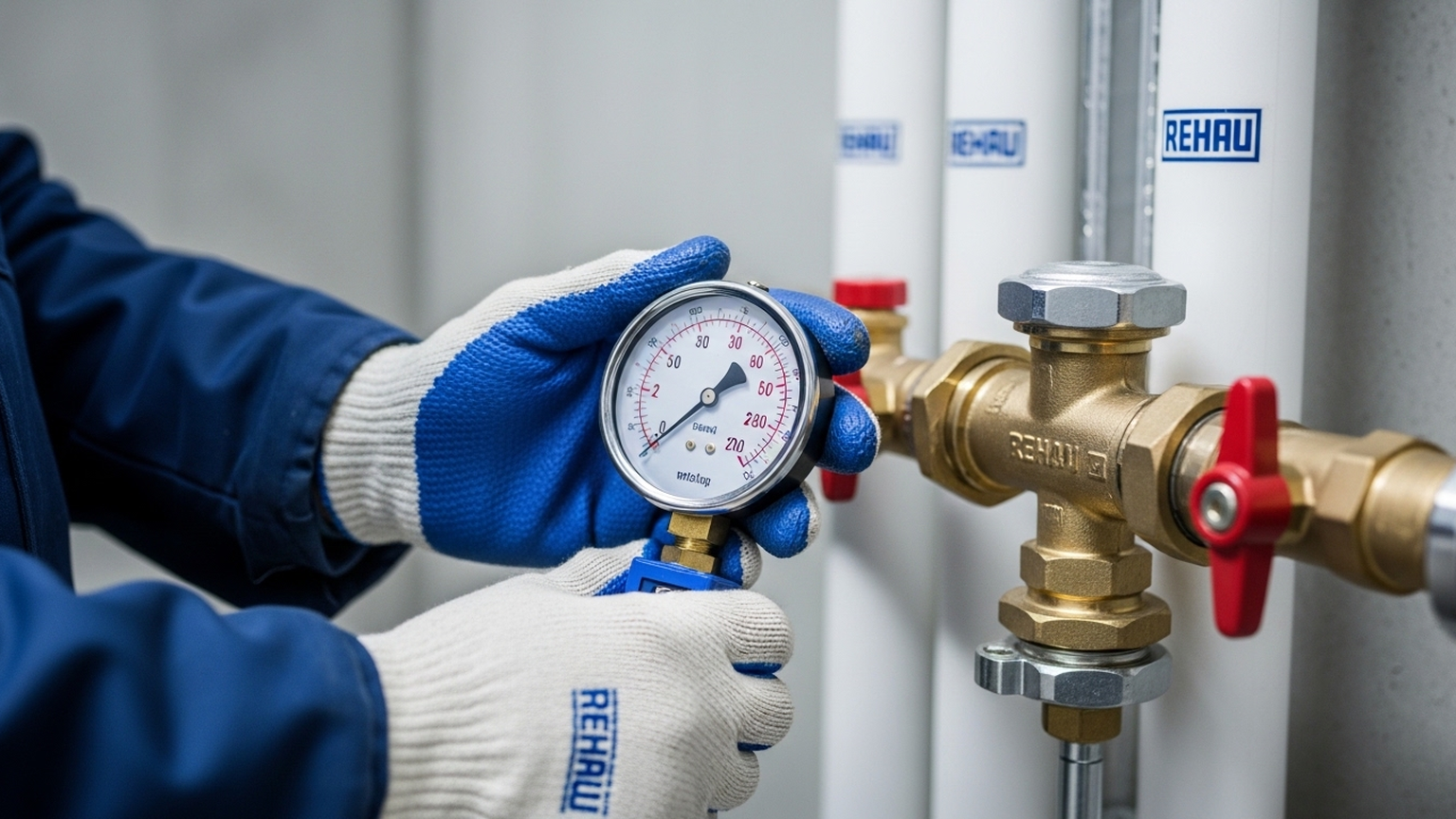 Close-up realistic photography of a professional worker's gloved hands holding a high-precision analog pressure gauge (manometer) attached to a sleek, modern brass manifold. The gauge needle is pointing to a high red zone. The background is slightly blurred showing pristine, newly installed Rehau pipes in a clean concrete room. Cold, analytical, professional lighting, conveying high expertise and safety testing. No text or text-like symbols.