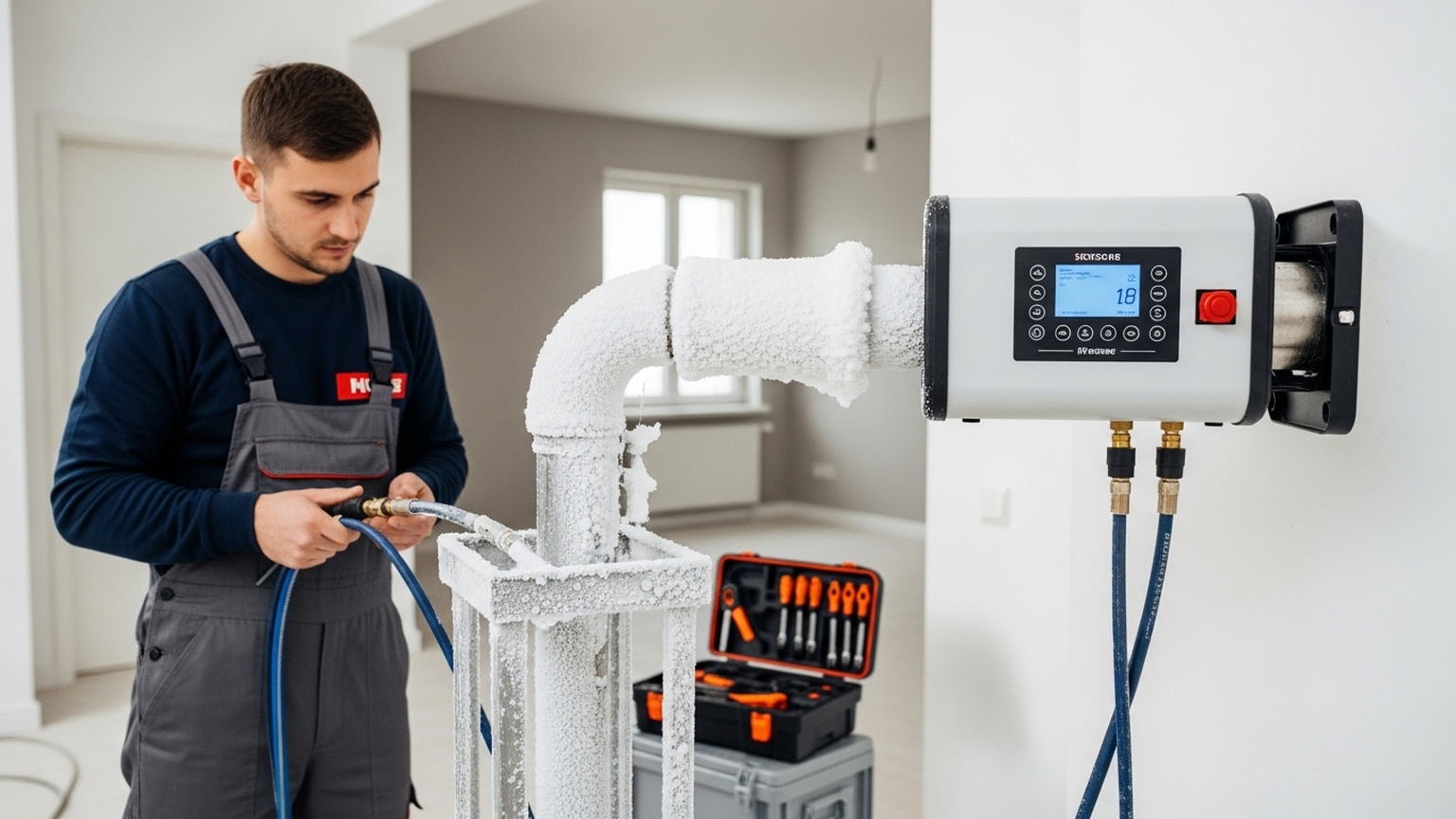 Мастер-сантехник в чистой, аккуратной брендированной спецодежде работает с металлическим стояком отопления в квартире. На трубе закреплено современное оборудование для заморозки труб, покрытое плотным белым инеем. Процесс выглядит высокотехнологично и безопасно. На заднем фоне — чистое помещение, готовое к ремонту. Без текста.